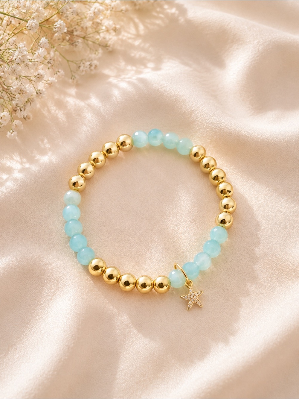 Gold & Aqua Beaded Star Charm Bracelet - Women's Jewelry
